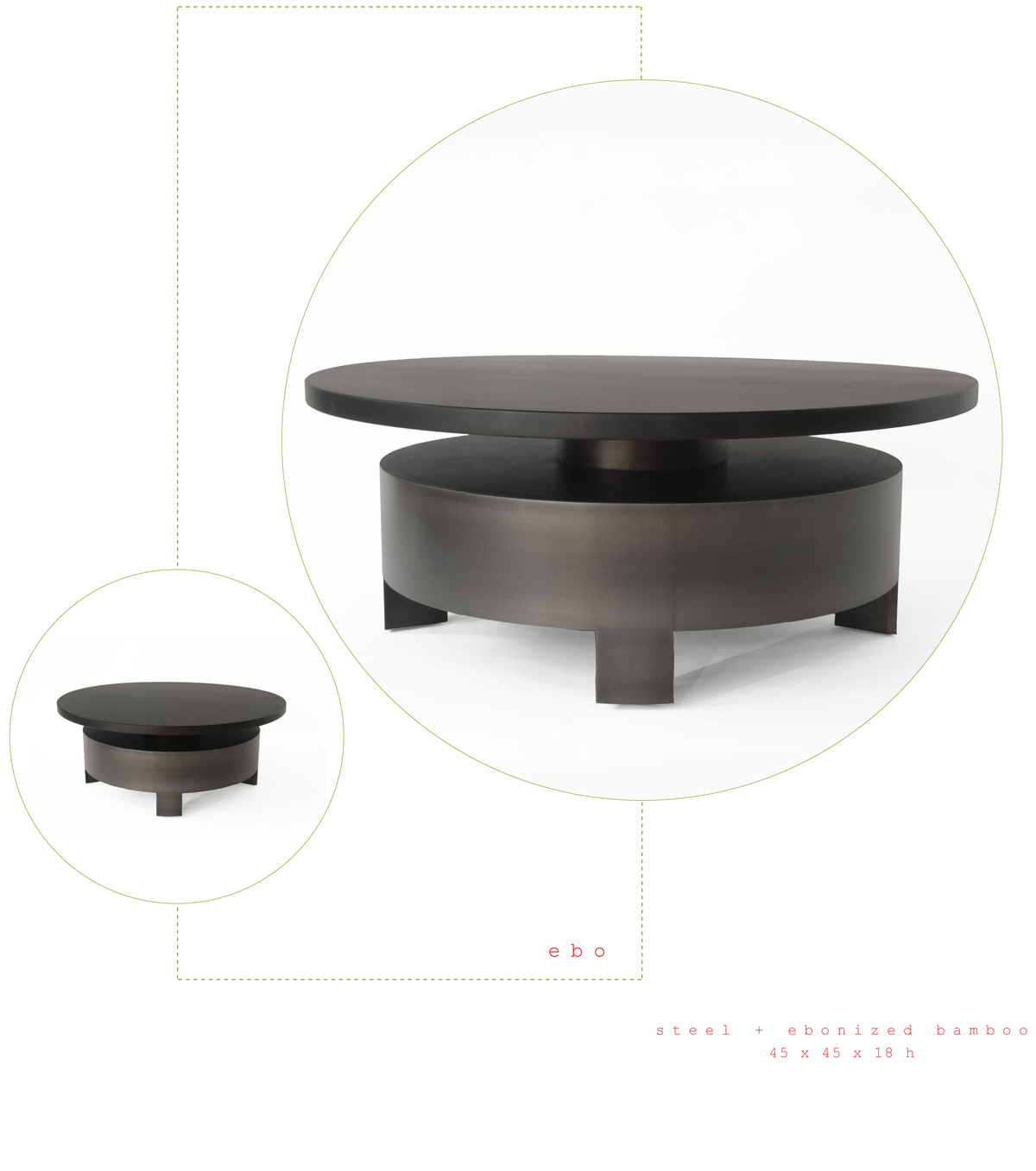 Ebo is a contemporary coffee table made out of steel and ebonized bamboo measuring 45 x 45 x 18 inches made by Chad Manley Design.