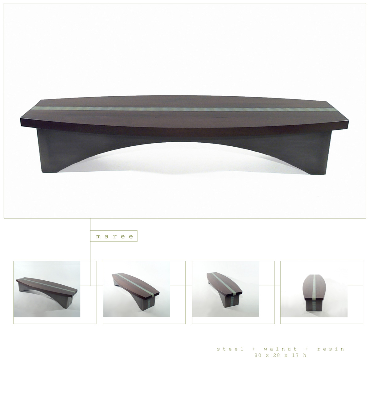 Maree is a contemporary coffee table made out of steel, walnut, and resin measuring 80 x 28 x 17 inches made by Chad Manley Design.