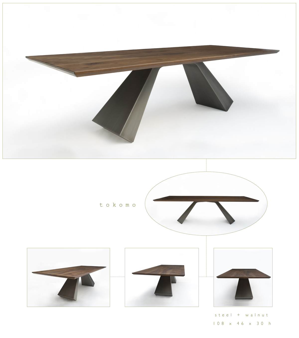 Tokomo is a contemporary dining table made out of steel and walnut measuring 108 x 46 x 30 inches made by Chad Manley Design.